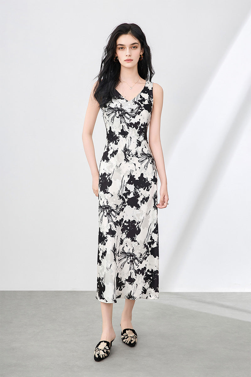 Floral Sleeveless V-Neck Satin Midi Dress