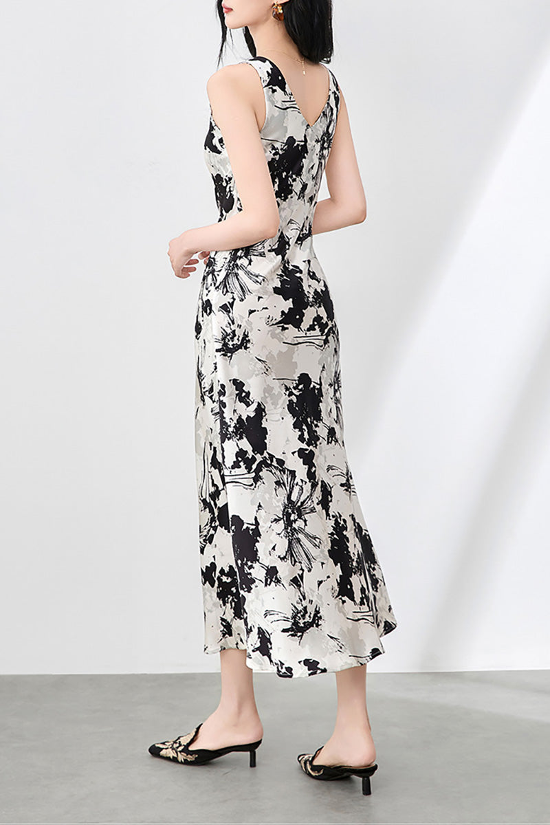 Floral Sleeveless V-Neck Satin Midi Dress