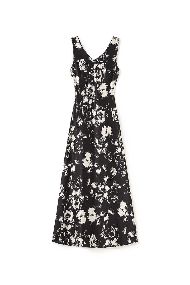 Floral Sleeveless V-Neck Satin Midi Dress
