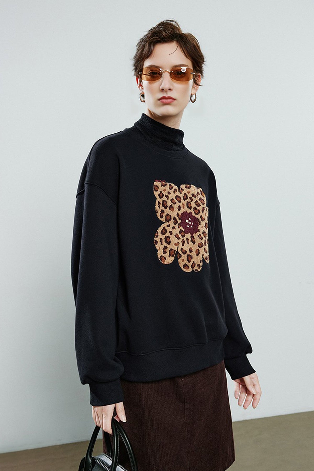 Flower Leopard Print Thermal Crewneck Sweatshirt