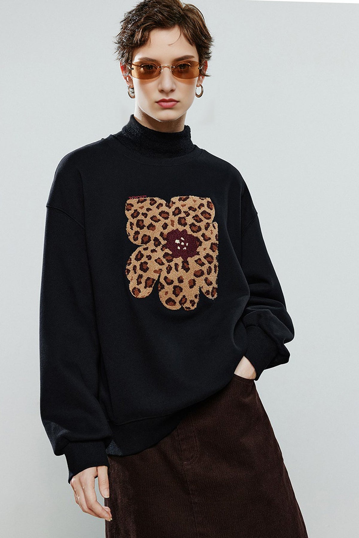 Flower Leopard Print Thermal Crewneck Sweatshirt