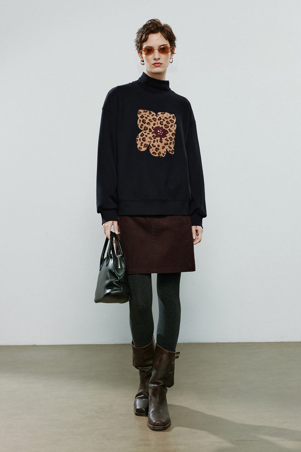 Flower Leopard Print Thermal Crewneck Sweatshirt