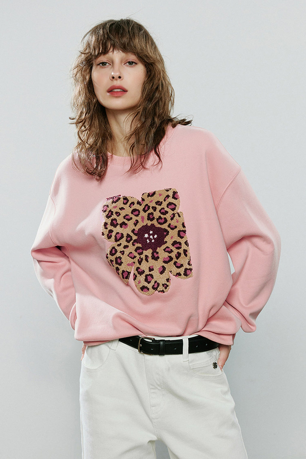Flower Leopard Print Thermal Crewneck Sweatshirt