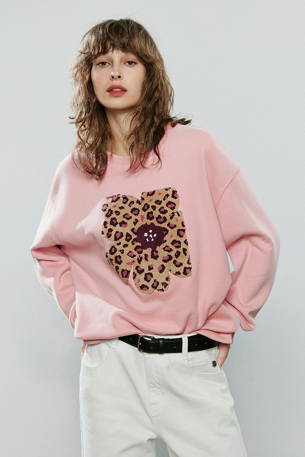 Flower Leopard Print Thermal Crewneck Sweatshirt