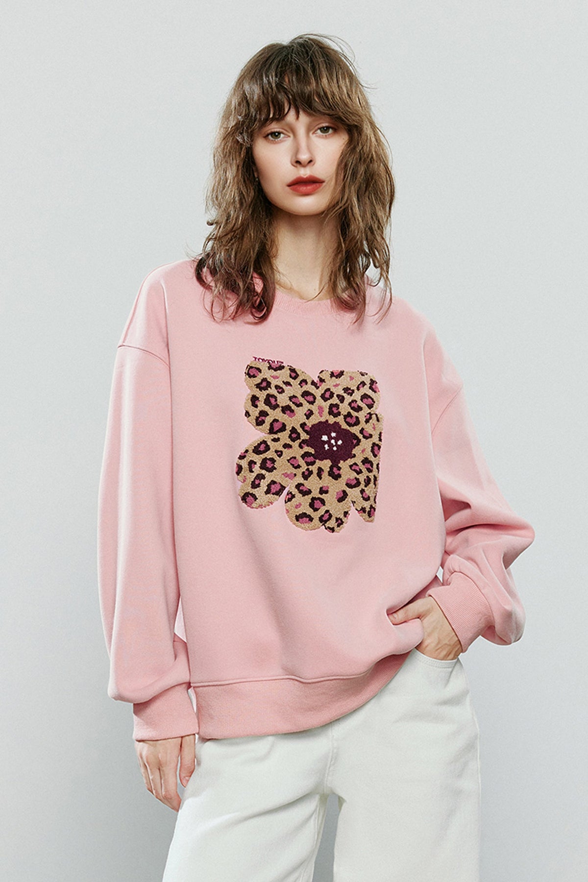 Flower Leopard Print Thermal Crewneck Sweatshirt
