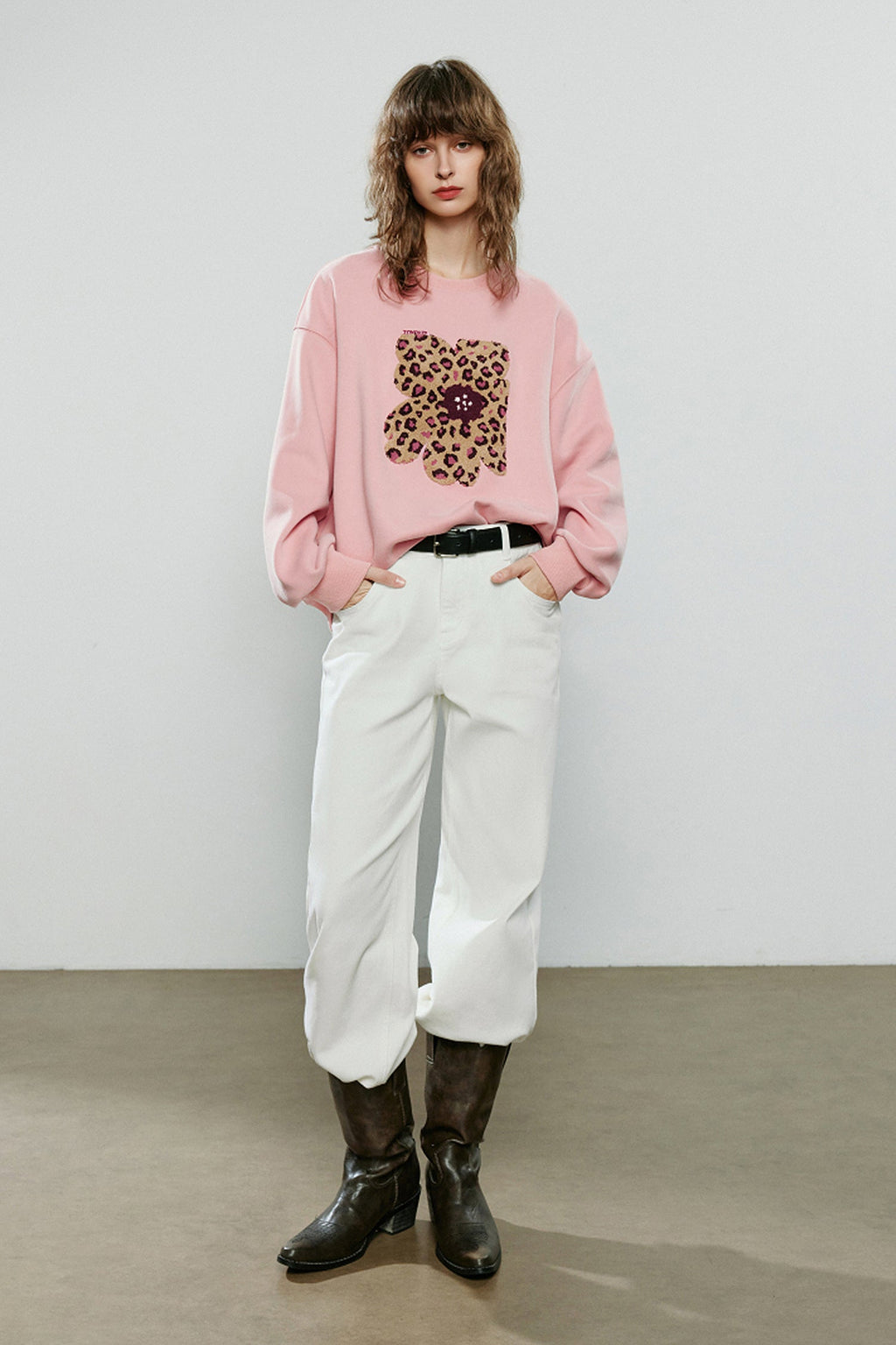 Flower Leopard Print Thermal Crewneck Sweatshirt