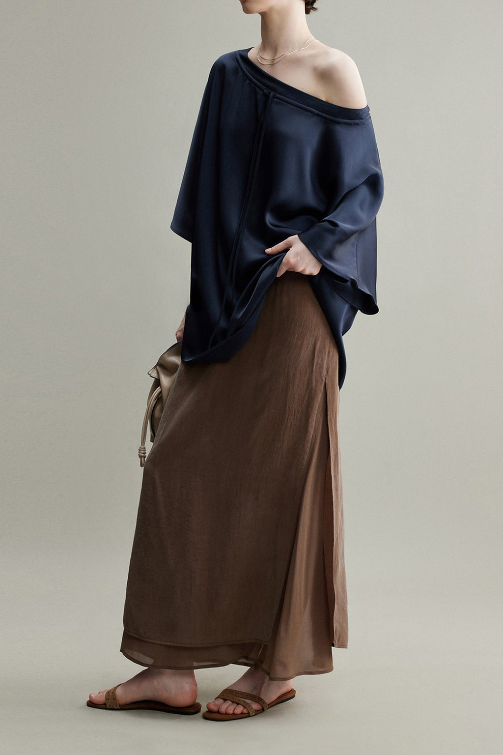 Flowy A-Line High Wasit Tencel Maxi Skirt with Slits