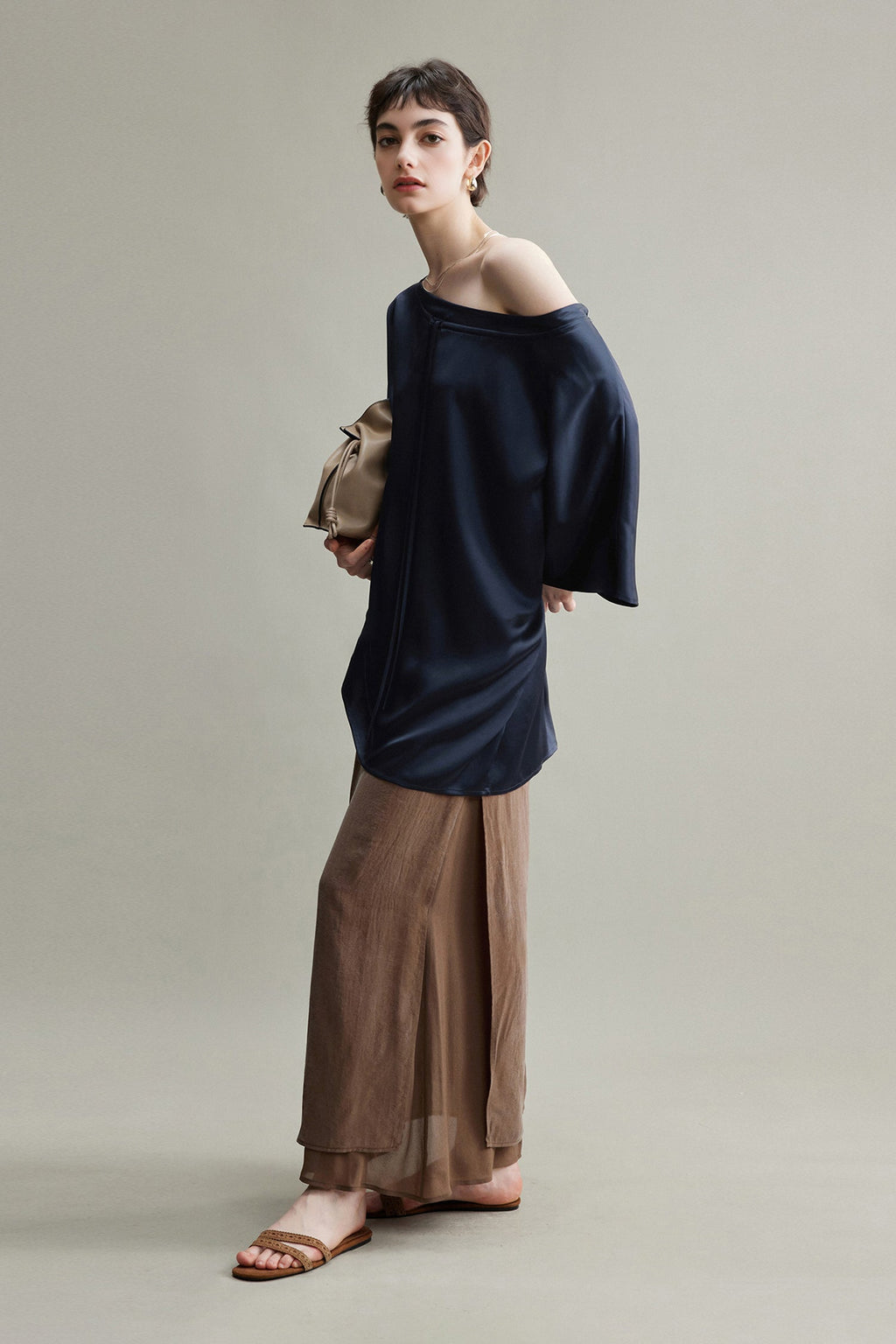Flowy A-Line High Wasit Tencel Maxi Skirt with Slits