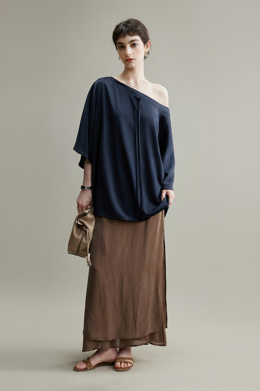 Flowy A-Line High Wasit Tencel Maxi Skirt with Slits