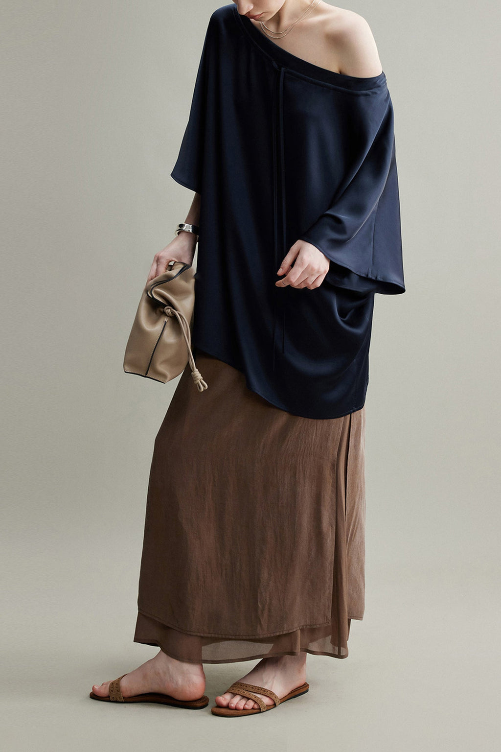 Flowy A-Line High Wasit Tencel Maxi Skirt with Slits