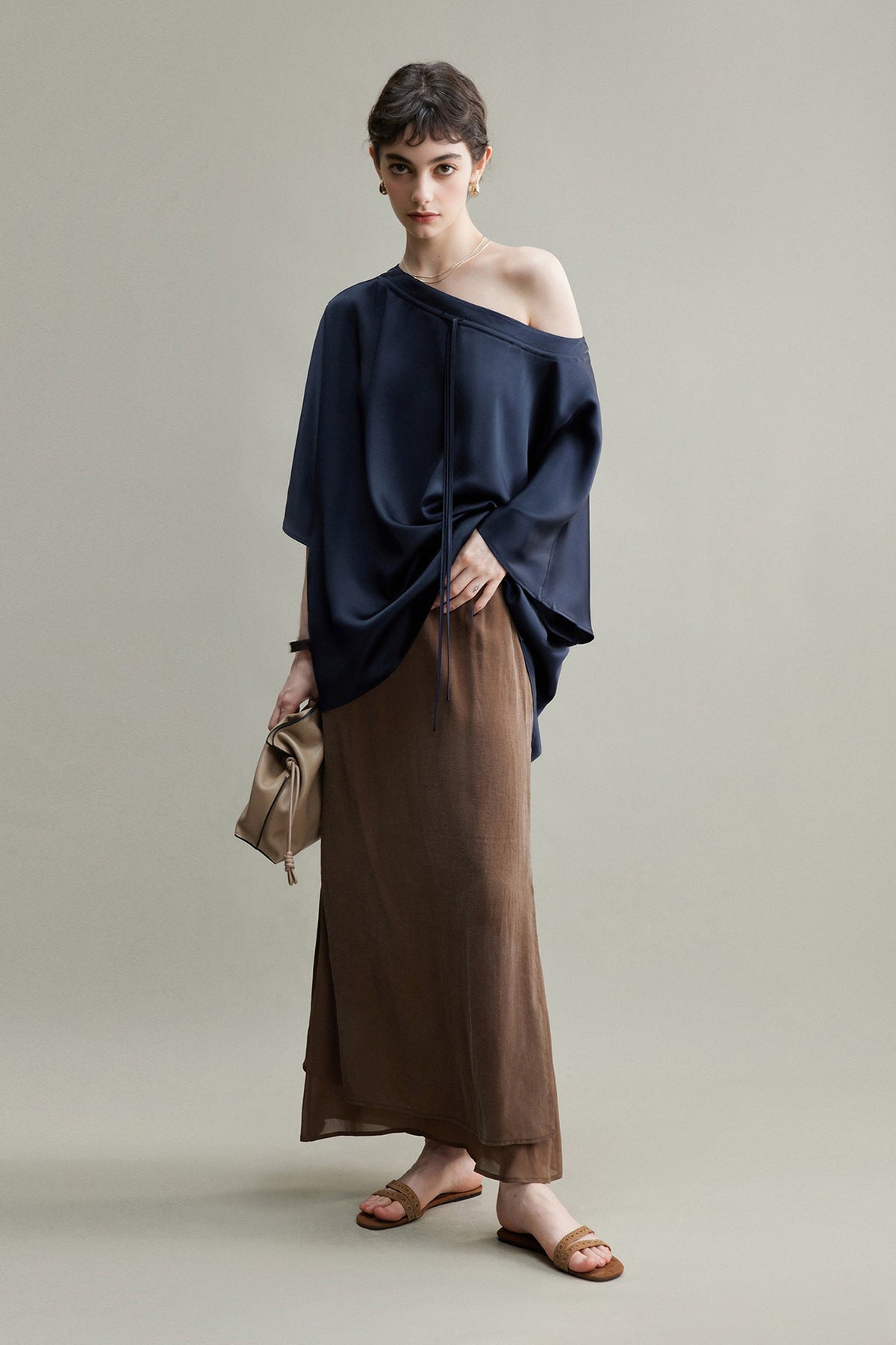 Flowy A-Line High Wasit Tencel Maxi Skirt with Slits