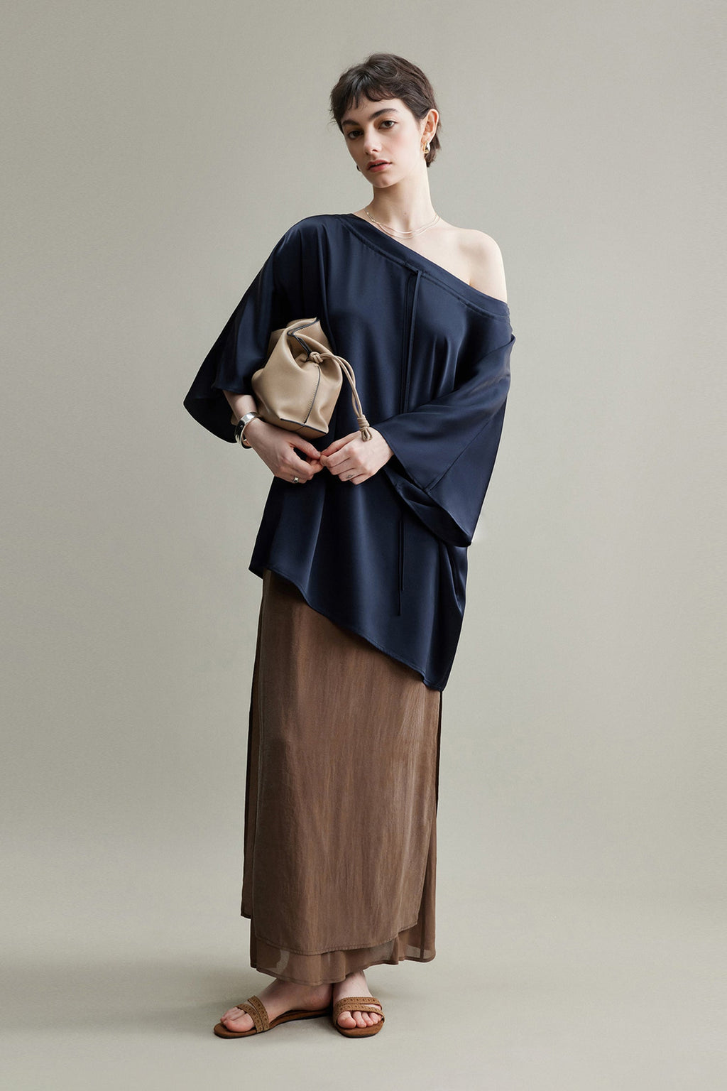 Flowy A-Line High Wasit Tencel Maxi Skirt with Slits