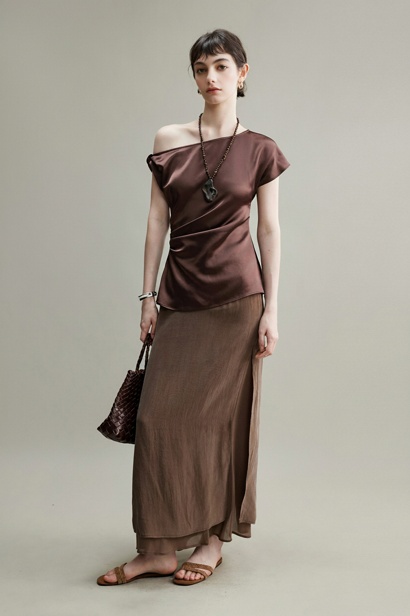 Flowy A-Line High Wasit Tencel Maxi Skirt with Slits