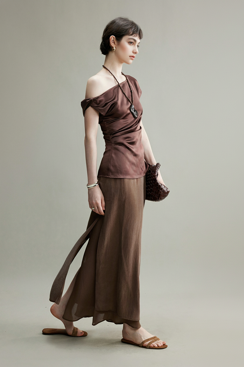 Flowy A-Line High Wasit Tencel Maxi Skirt with Slits