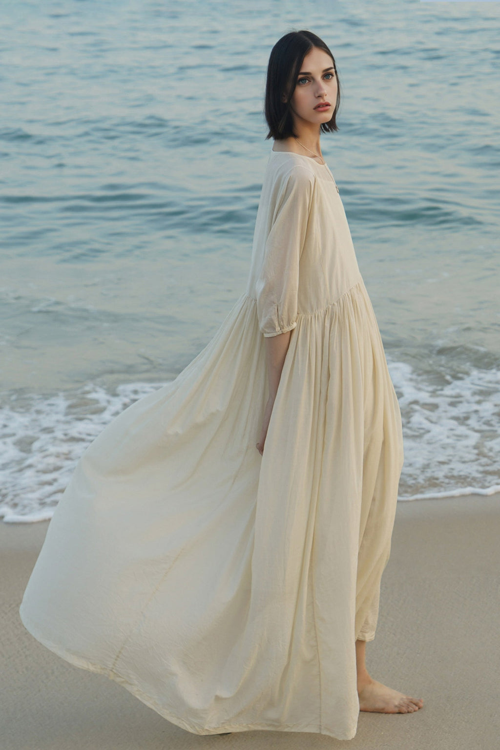 Flowy Cotton-Silk Empire Waist A-Line Maxi Dress