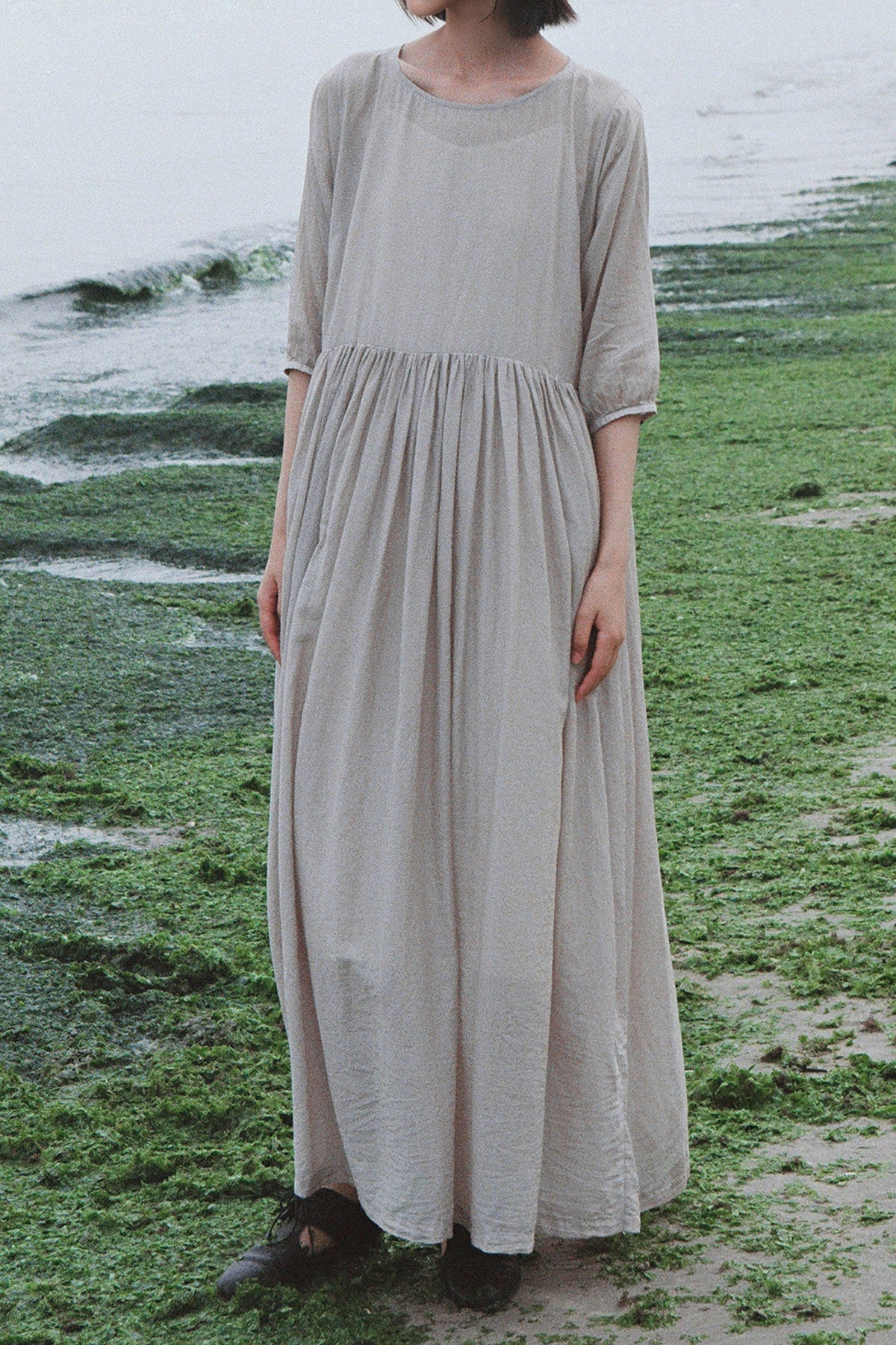 Flowy Cotton-Silk Empire Waist A-Line Maxi Dress