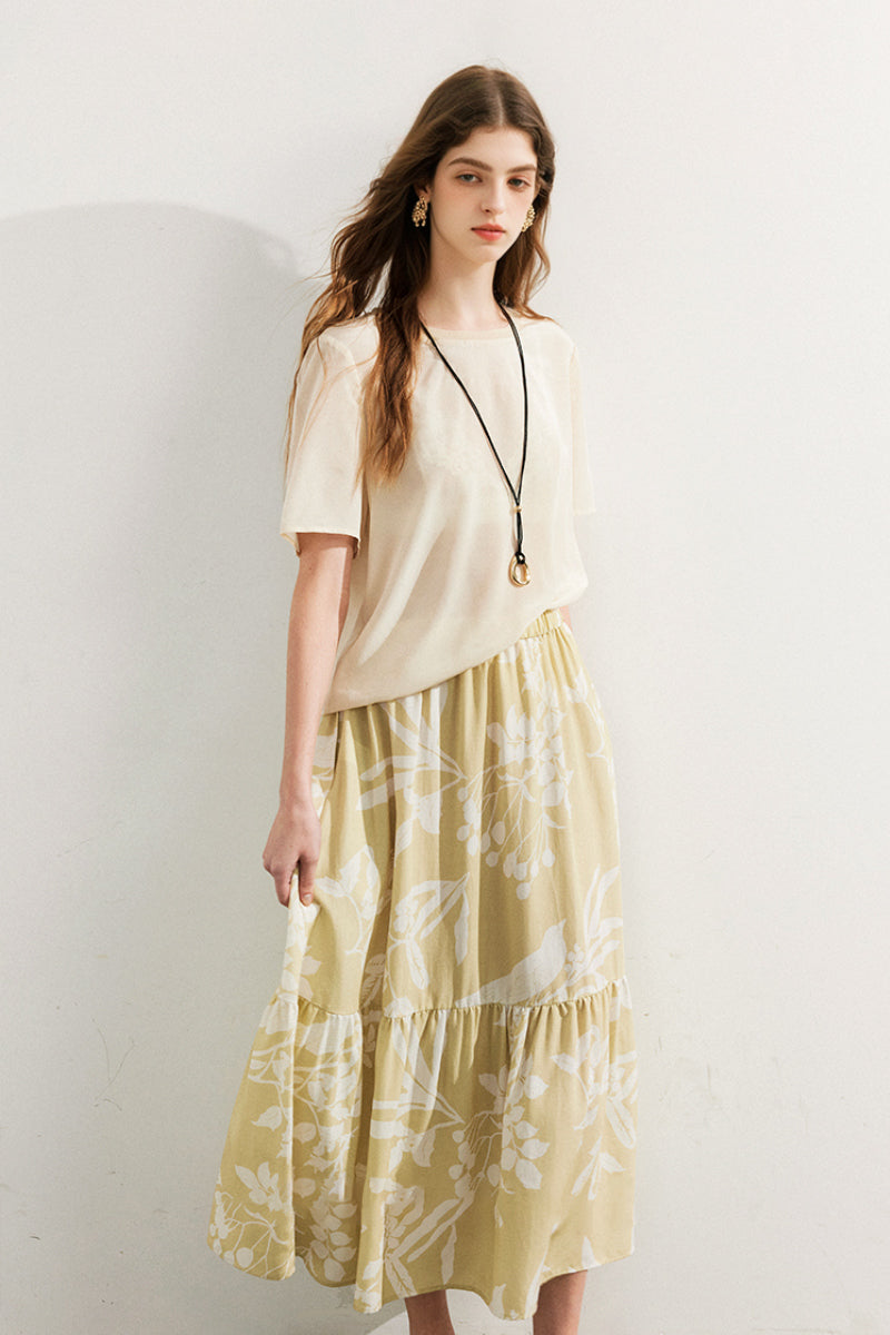 Flowy Linen-Blend Floral A-Line Maxi Skirt
