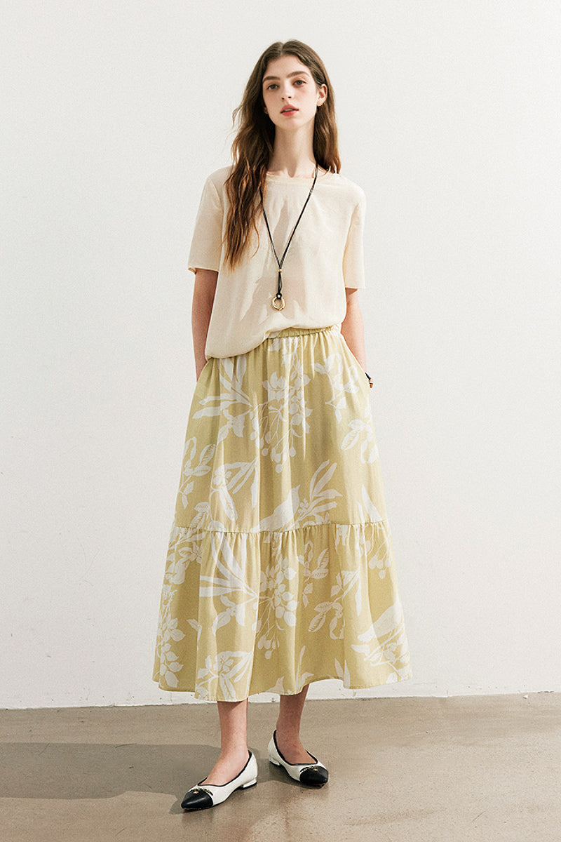 Flowy Linen-Blend Floral A-Line Maxi Skirt