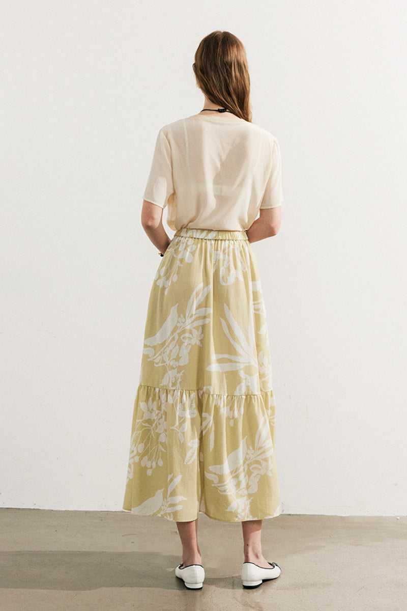 Flowy Linen-Blend Floral A-Line Maxi Skirt