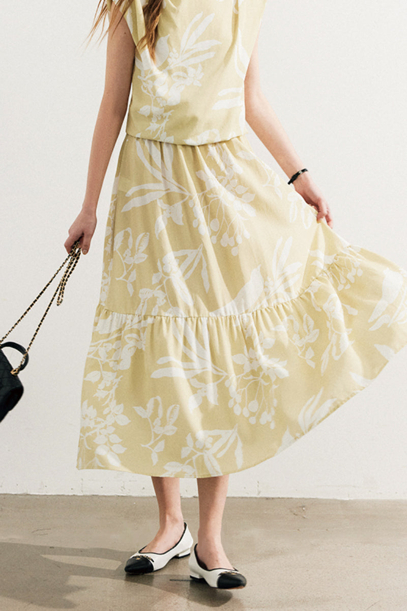 Flowy Linen-Blend Floral A-Line Maxi Skirt