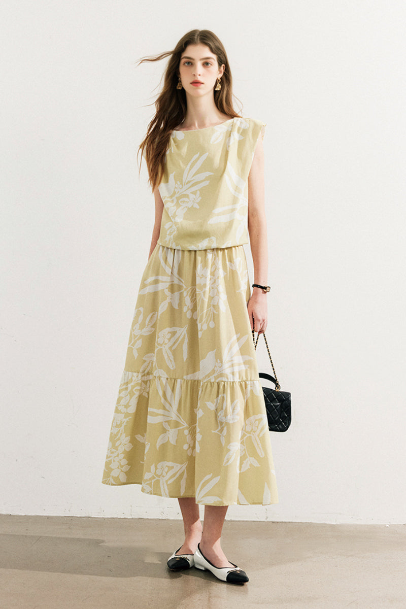 Flowy Linen-Blend Floral A-Line Maxi Skirt