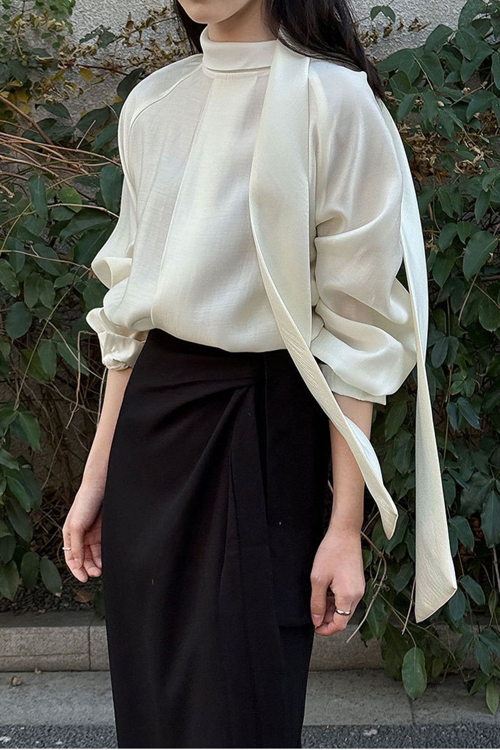 Flowy Long Sleeve Tie-Neck Blouse with Back Button