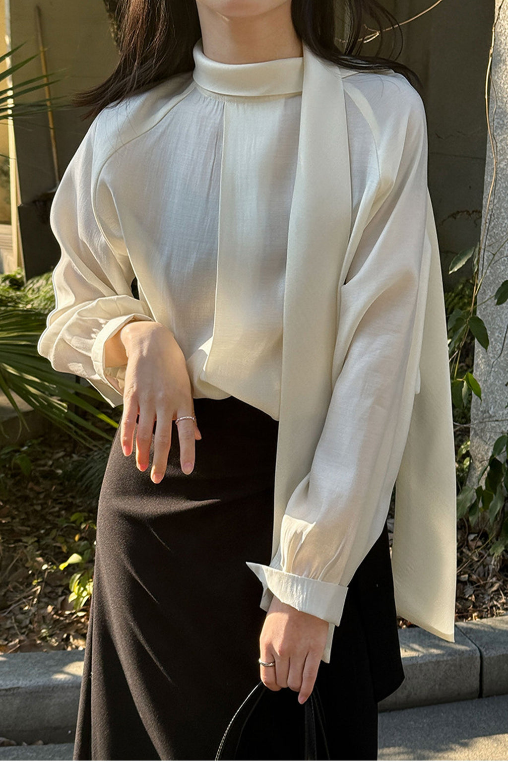 Flowy Long Sleeve Tie-Neck Blouse with Back Button