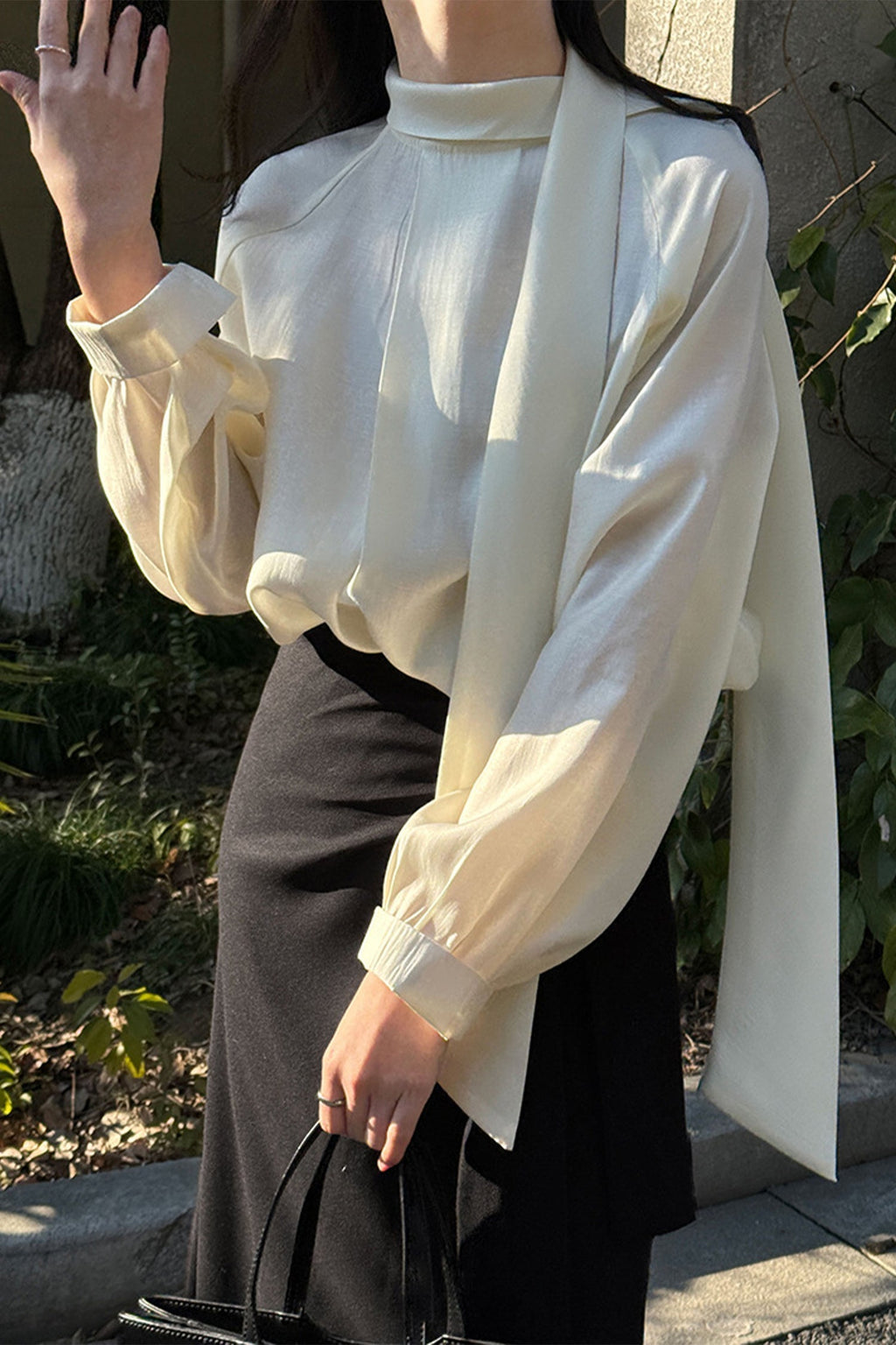 Flowy Long Sleeve Tie-Neck Blouse with Back Button