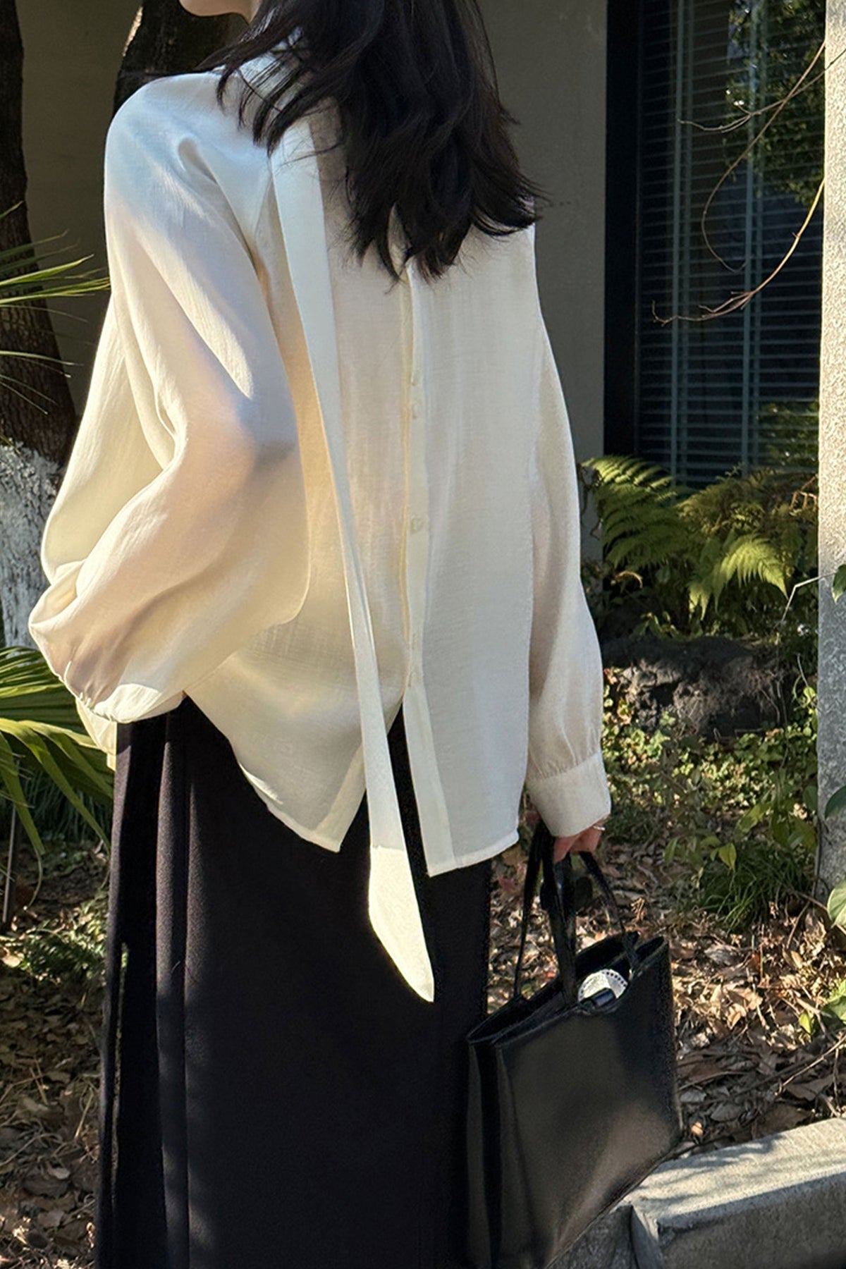 Flowy Long Sleeve Tie-Neck Blouse with Back Button
