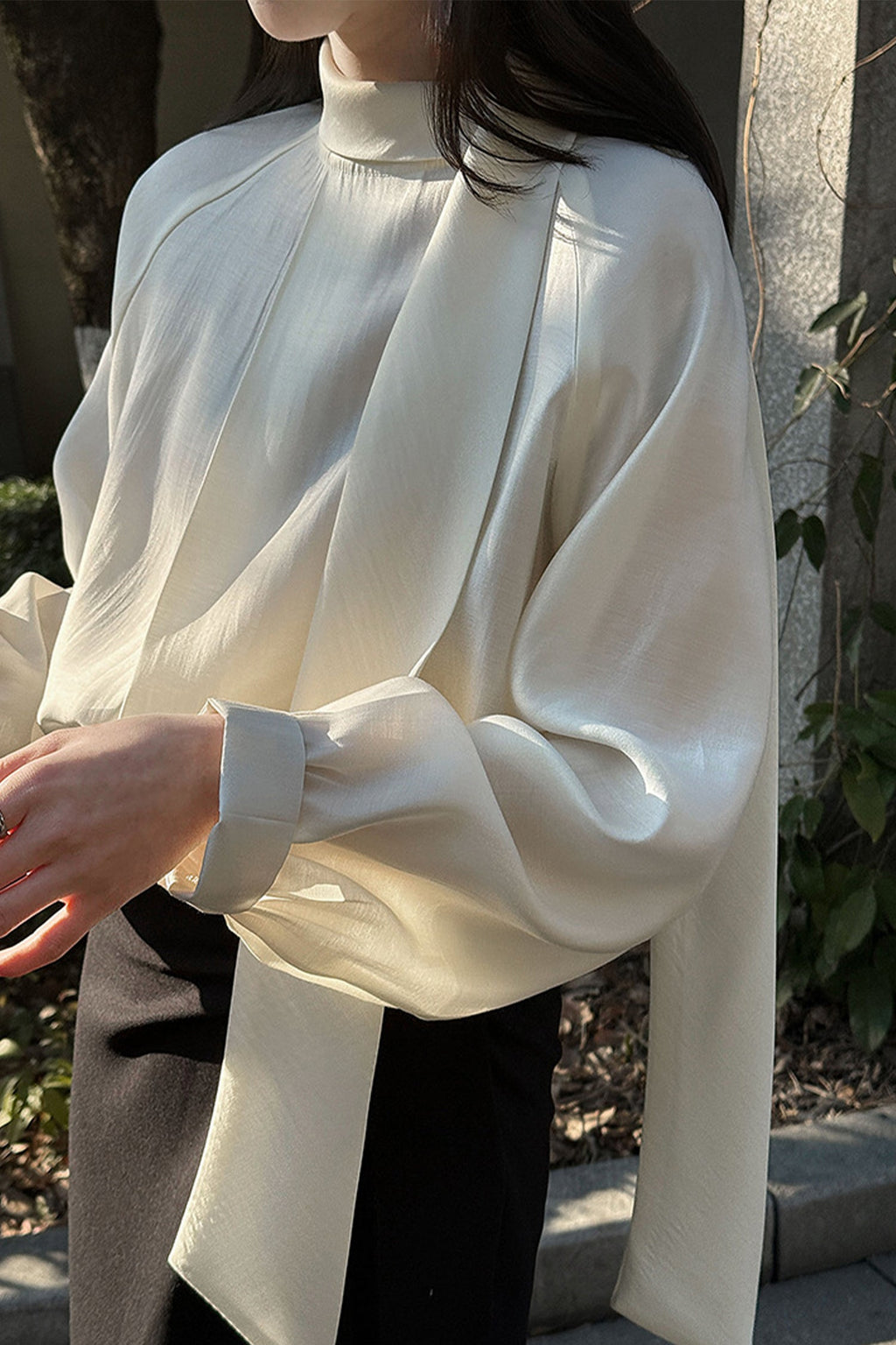 Flowy Long Sleeve Tie-Neck Blouse with Back Button