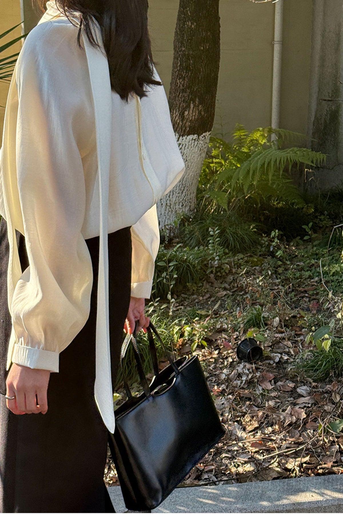 Flowy Long Sleeve Tie-Neck Blouse with Back Button