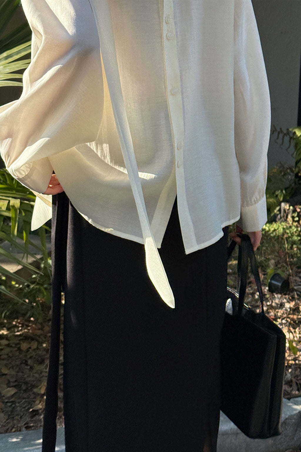 Flowy Long Sleeve Tie-Neck Blouse with Back Button