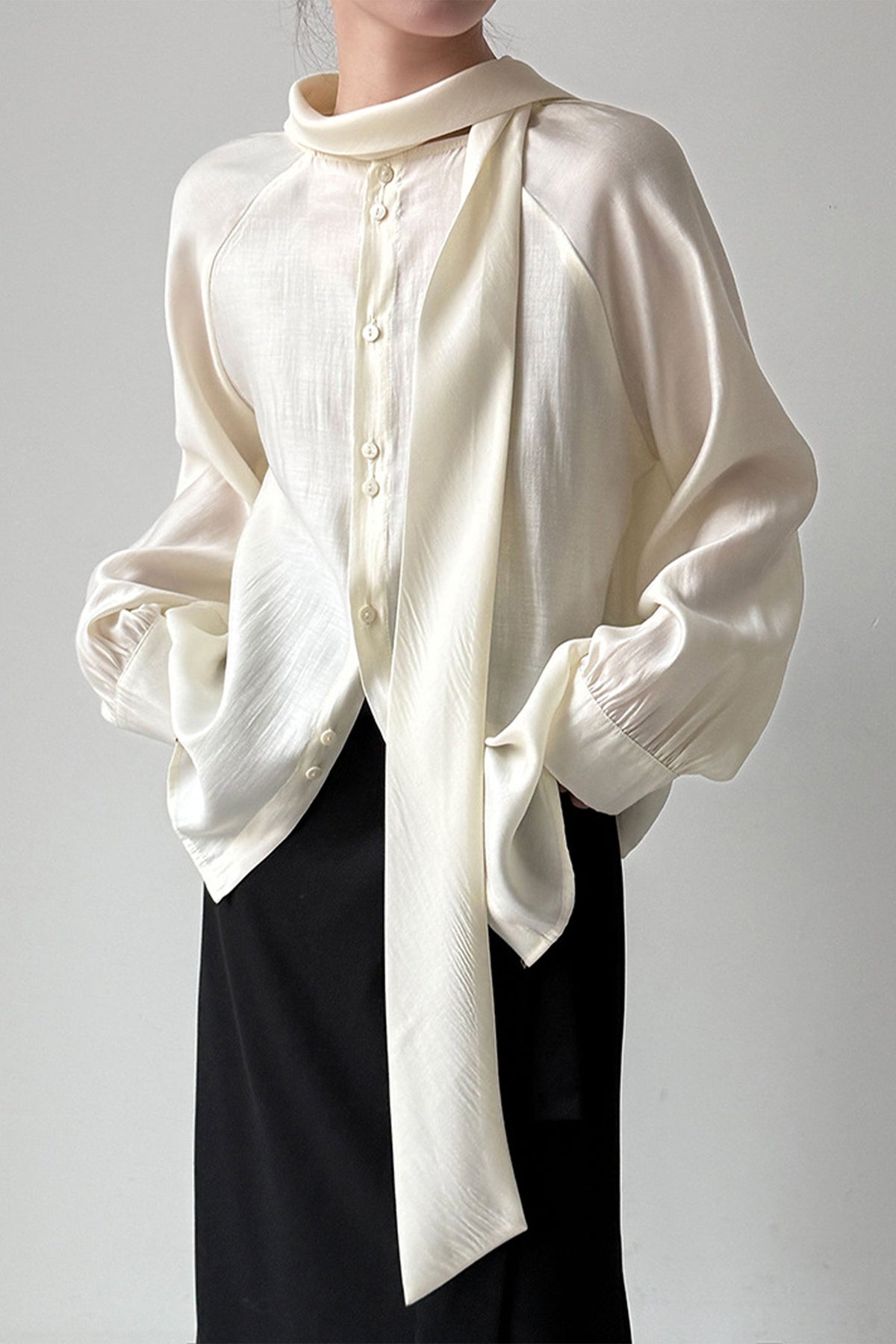 Flowy Long Sleeve Tie-Neck Blouse with Back Button