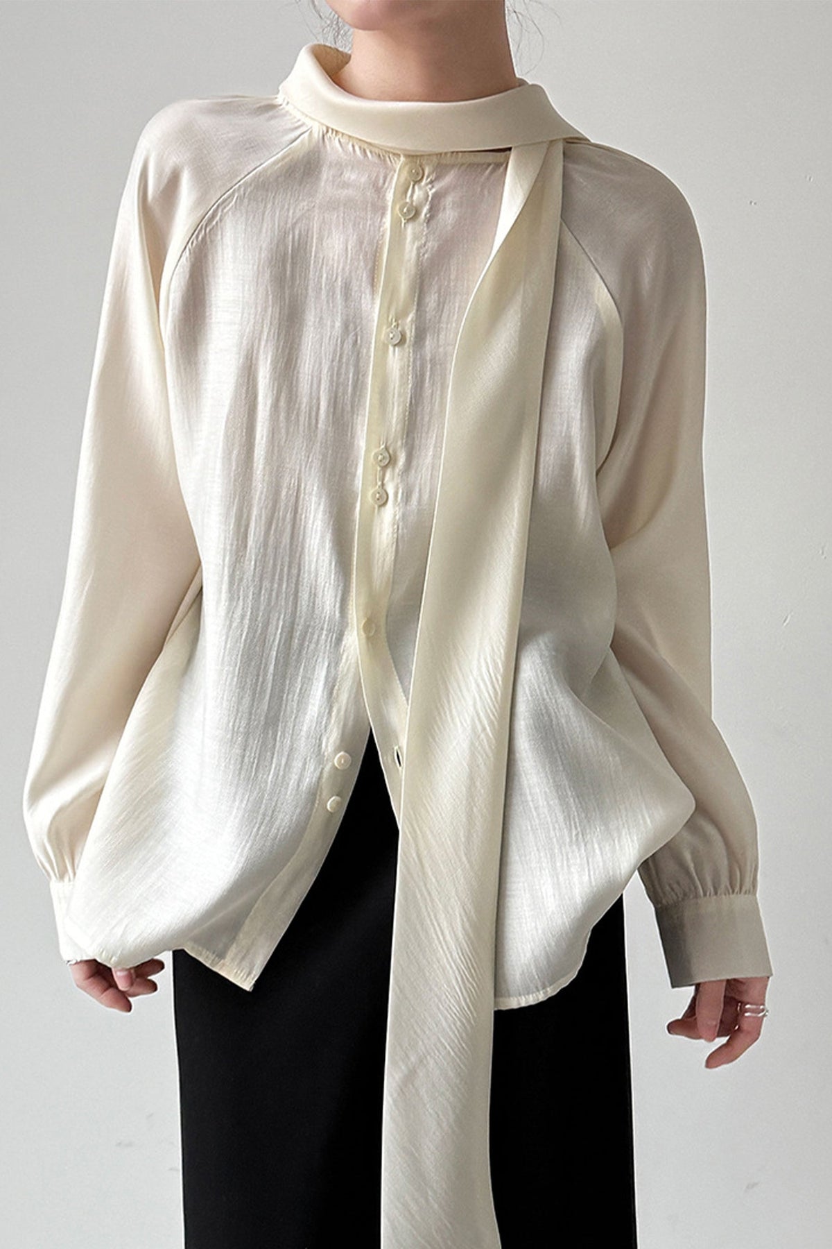 Flowy Long Sleeve Tie-Neck Blouse with Back Button