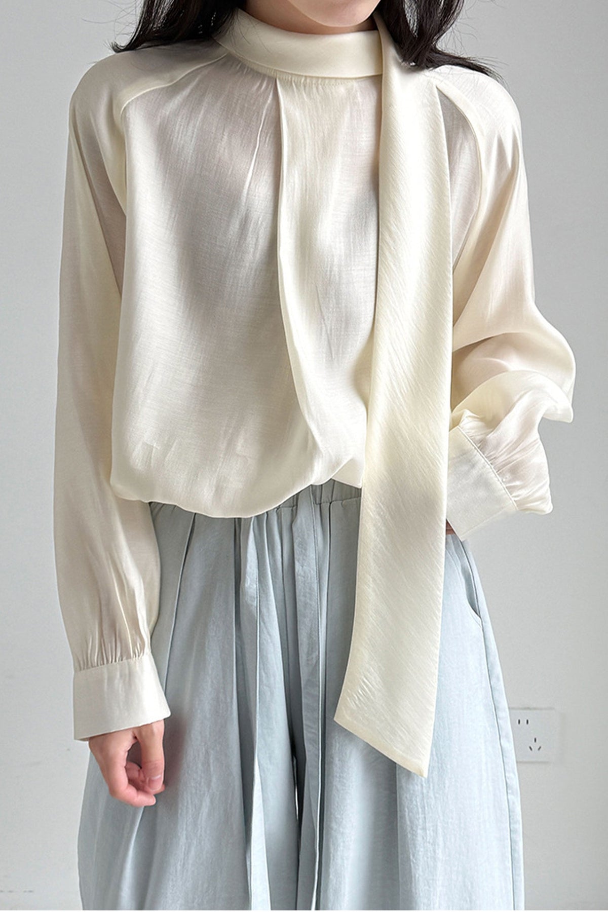 Flowy Long Sleeve Tie-Neck Blouse with Back Button