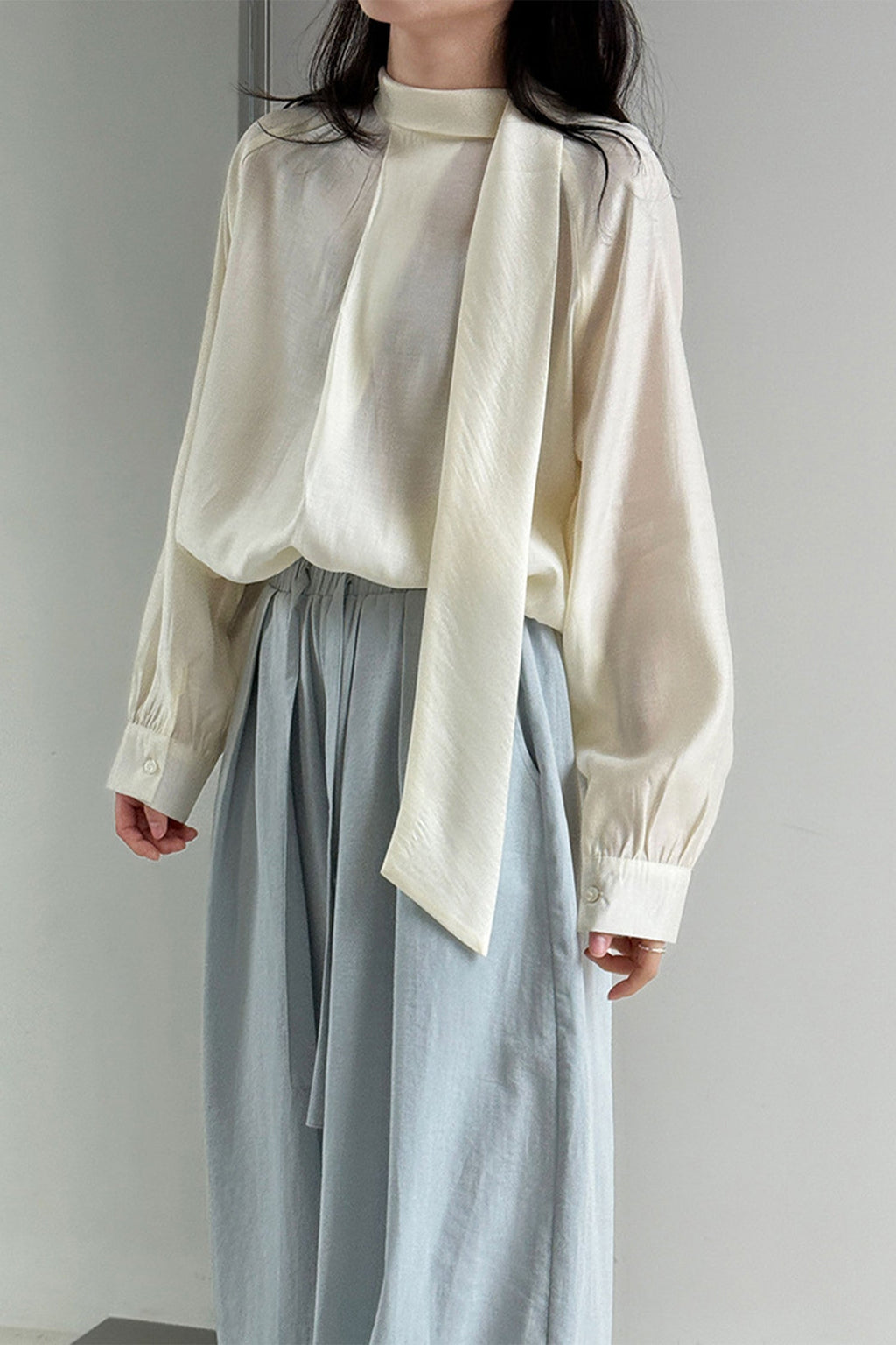 Flowy Long Sleeve Tie-Neck Blouse with Back Button