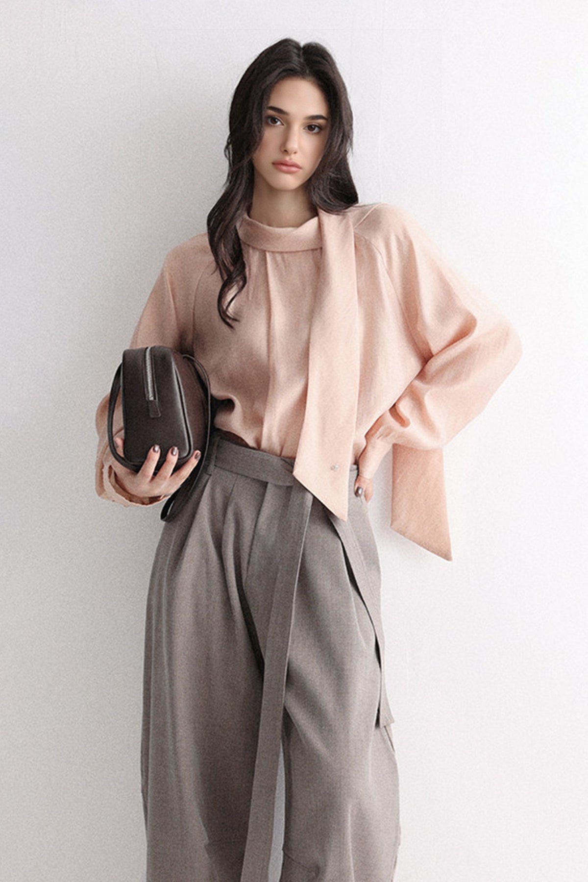 Flowy Long Sleeve Tie-Neck Blouse with Back Button