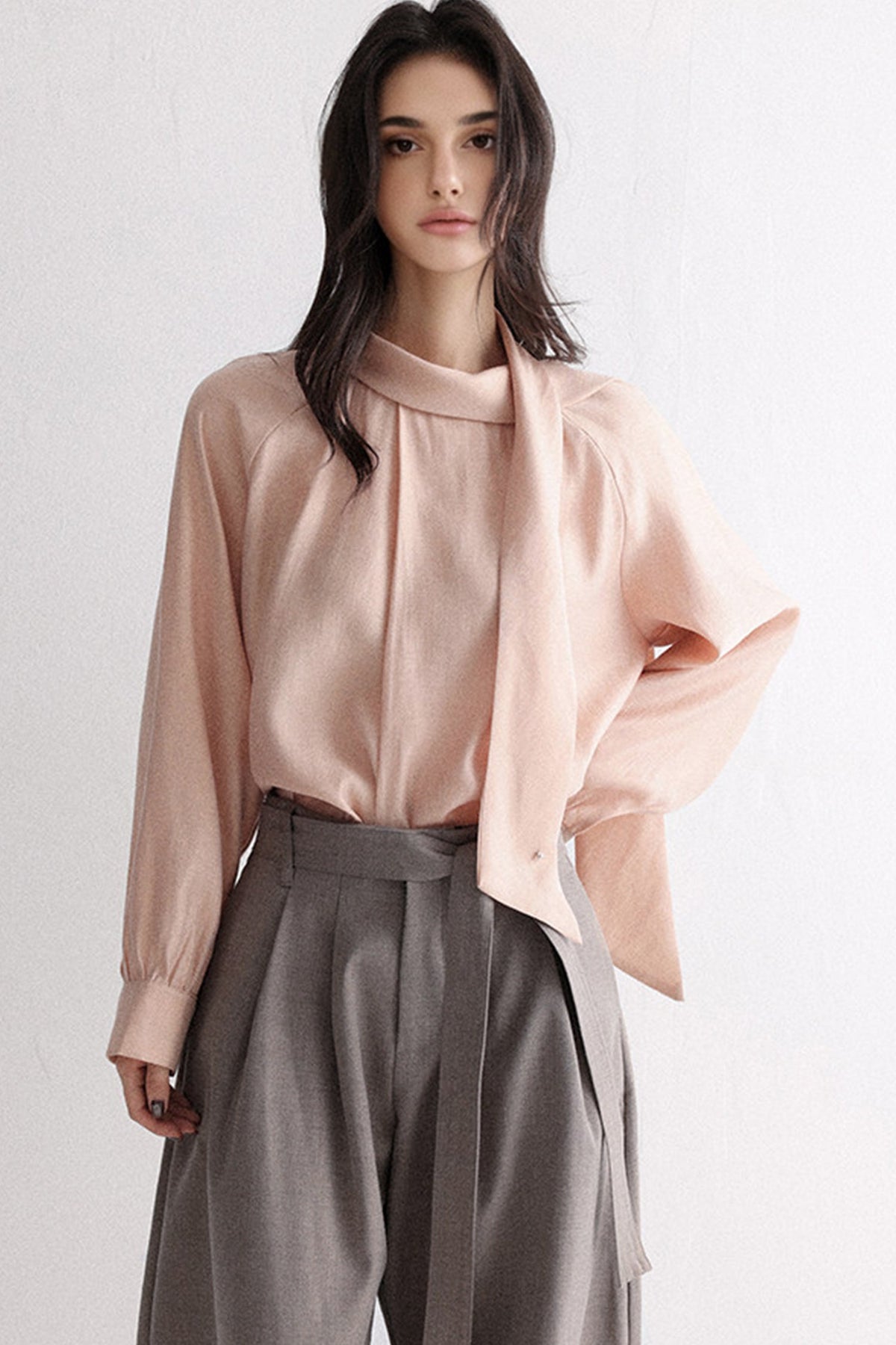 Flowy Long Sleeve Tie-Neck Blouse with Back Button