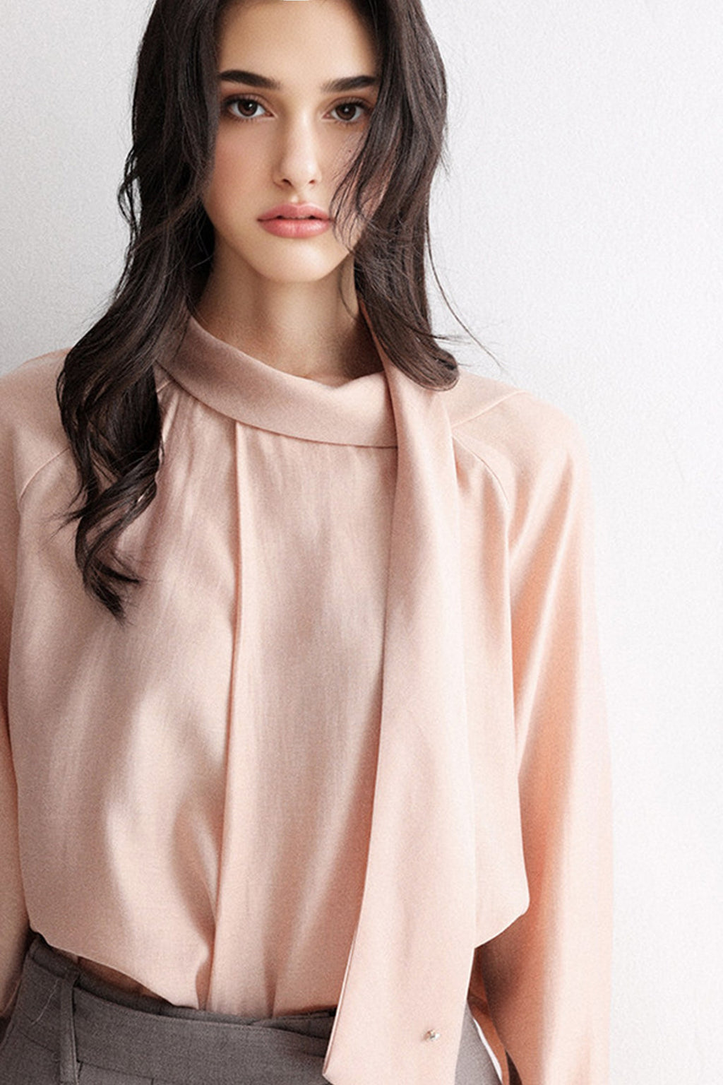 Flowy Long Sleeve Tie-Neck Blouse with Back Button