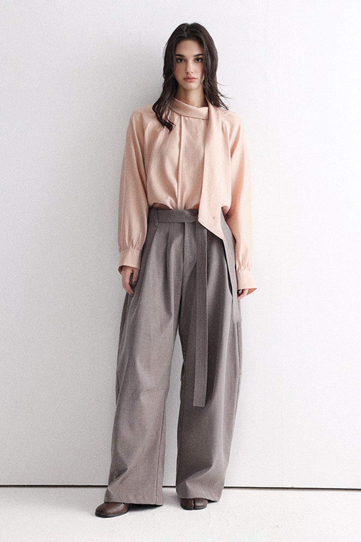 Flowy Long Sleeve Tie-Neck Blouse with Back Button