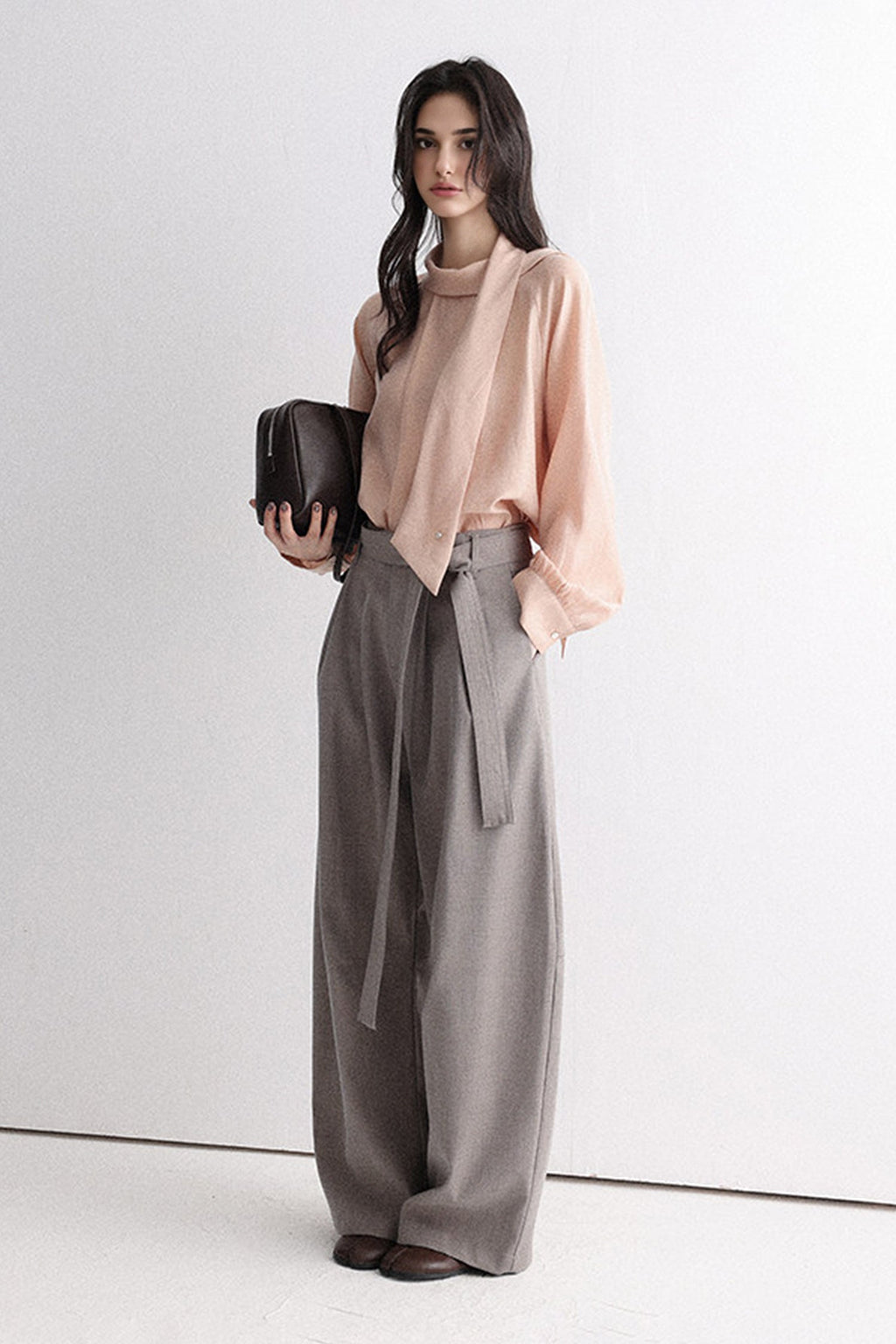 Flowy Long Sleeve Tie-Neck Blouse with Back Button
