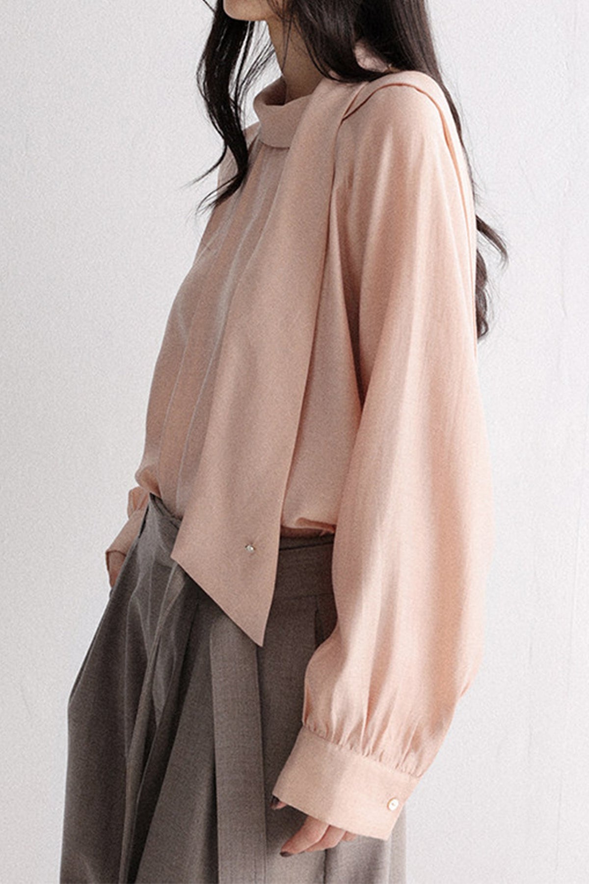 Flowy Long Sleeve Tie-Neck Blouse with Back Button