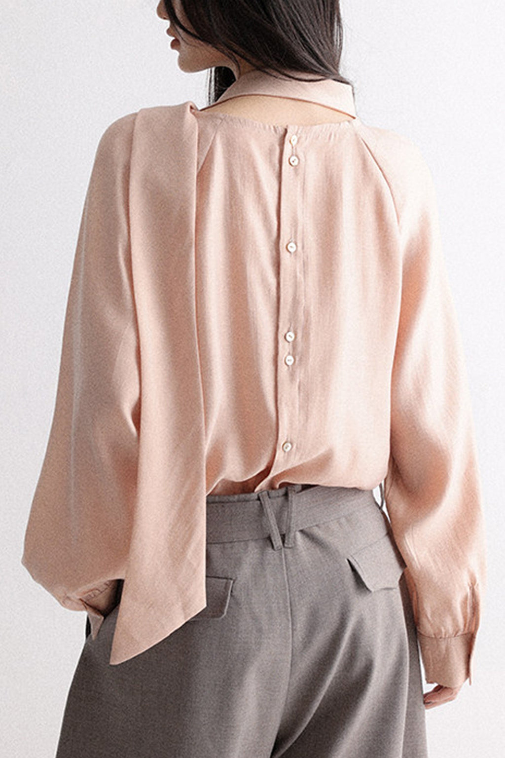 Flowy Long Sleeve Tie-Neck Blouse with Back Button