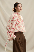 Flowy V Neck Balloon Sleeve Polka Dot Blouse with Neck Tie