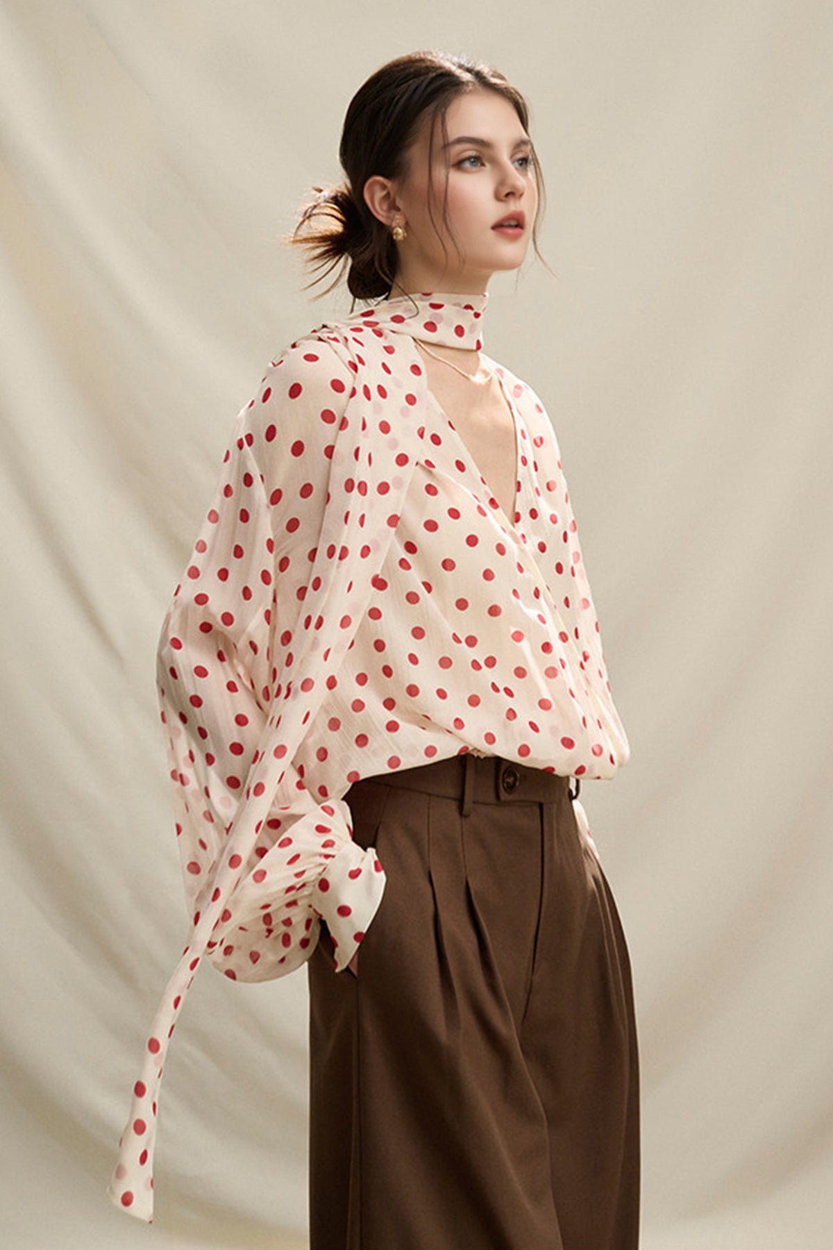 Flowy V Neck Balloon Sleeve Polka Dot Blouse with Neck Tie