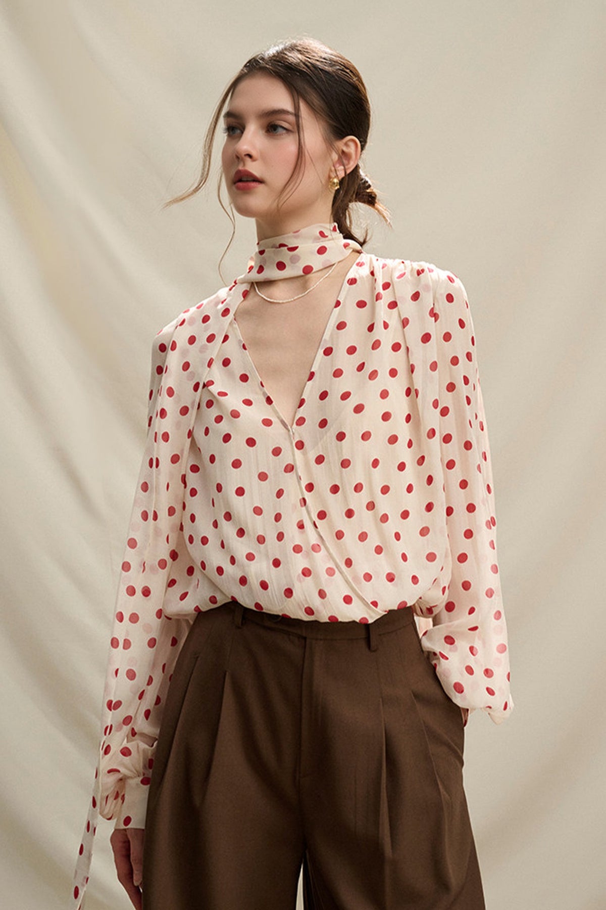 Flowy V Neck Balloon Sleeve Polka Dot Blouse with Neck Tie