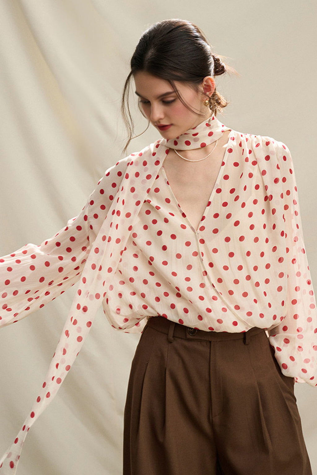 Flowy V Neck Balloon Sleeve Polka Dot Blouse with Neck Tie