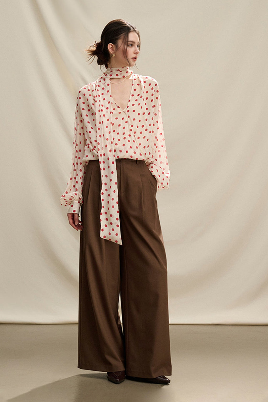 Flowy V Neck Balloon Sleeve Polka Dot Blouse with Neck Tie