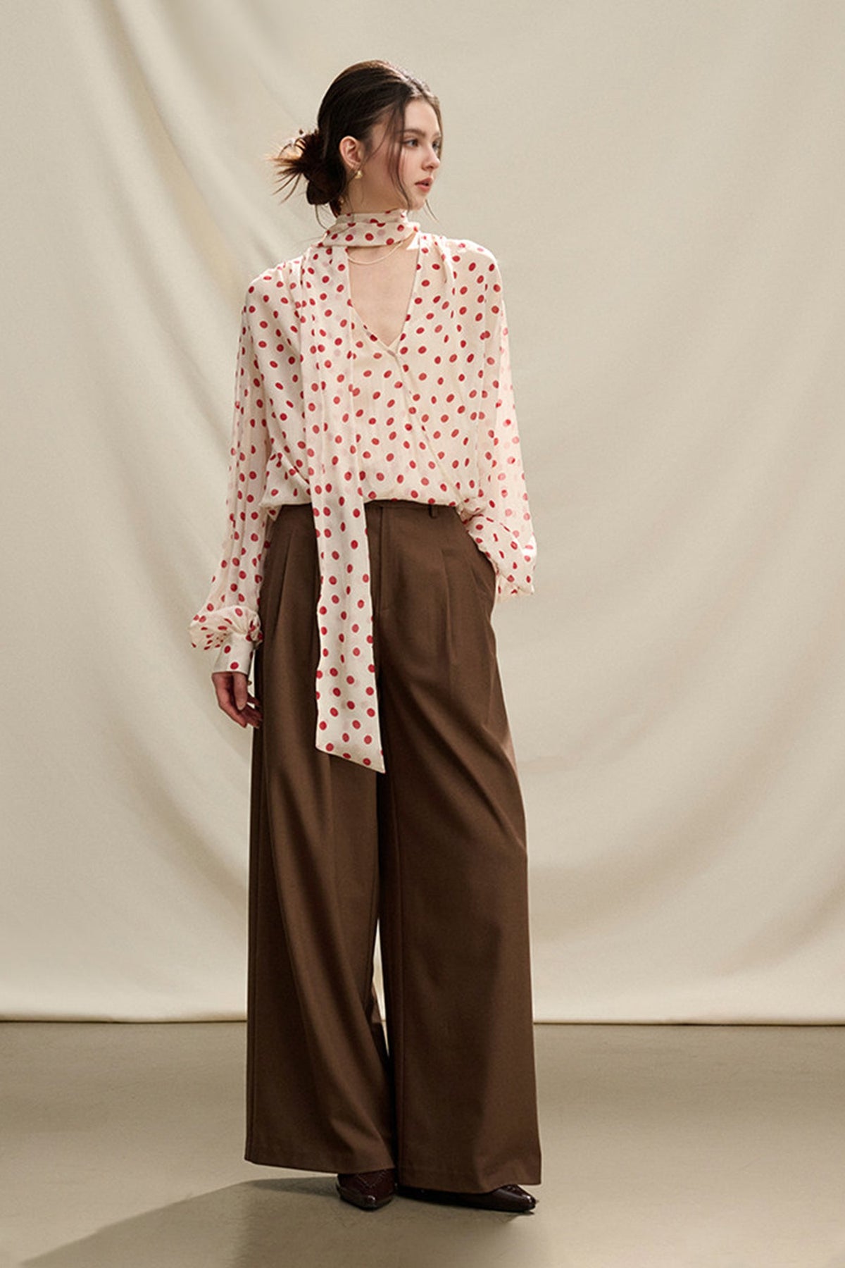 Flowy V Neck Balloon Sleeve Polka Dot Blouse with Neck Tie