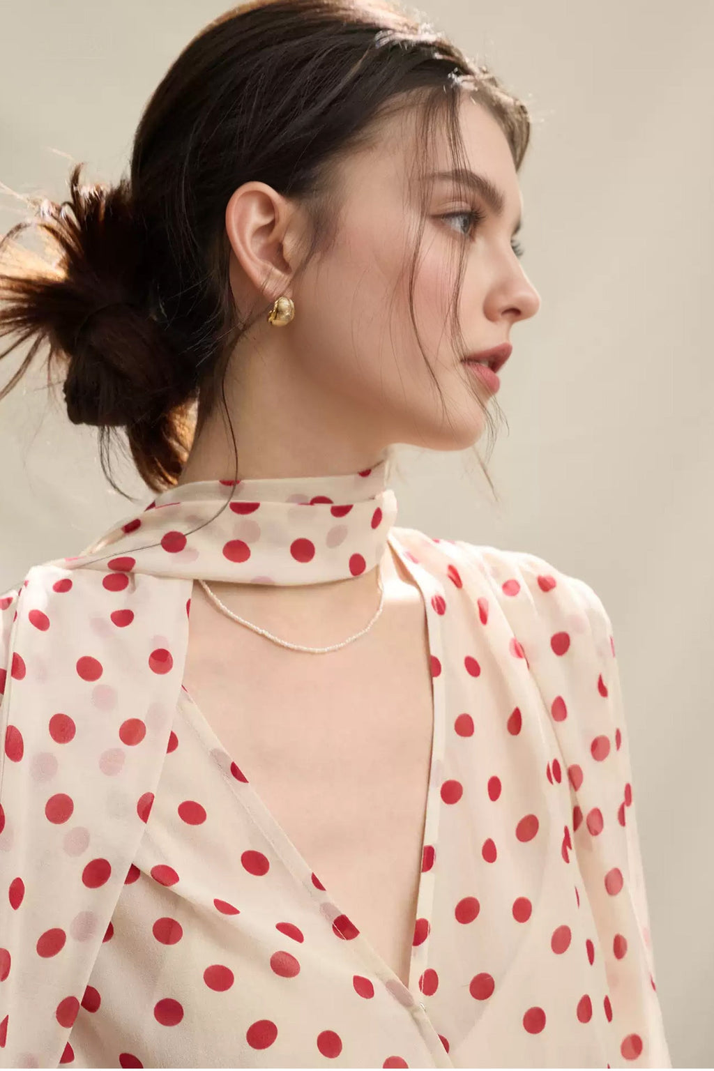 Flowy V Neck Balloon Sleeve Polka Dot Blouse with Neck Tie